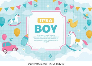 its a boy. It's a boy background. baby boy. gender reveal background. Vector Illustration. Poster, Banner, Greeting Card, Invitation Card. baby announcement concept. Baby is coming. Blue Background.