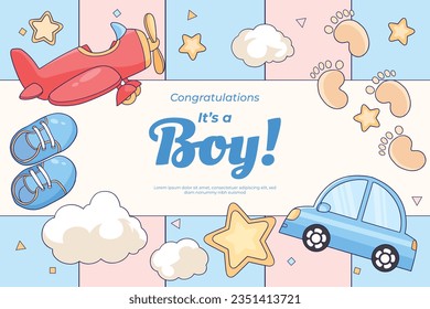 its a boy. It's a boy background. baby boy. gender reveal background. Vector Illustration. Poster, Banner, Greeting Card, Invitation Card. baby announcement concept. Baby is coming. Blue Background.