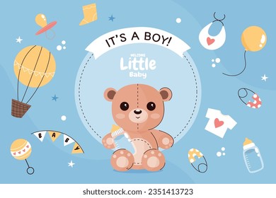 its a boy. It's a boy background. baby boy. gender reveal background. Vector Illustration. Poster, Banner, Greeting Card, Invitation Card. baby announcement concept. Baby is coming. Blue Background.