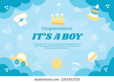 its a boy. It's a boy background. baby boy. gender reveal background. Vector Illustration. Poster, Banner, Greeting Card, Invitation Card. baby announcement concept. Baby is coming. Blue Background.