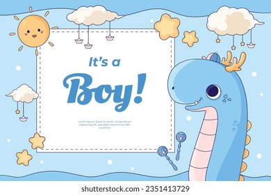 es un chico. Es un fondo de niño. bebé. el género revela los antecedentes. Ilustración vectorial. Cartel, Cartel, Tarjeta de felicitación, Tarjeta de invitación. concepto de anuncio de bebé. El bebé viene. Fondo Azul.