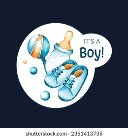 its a boy. It's a boy background. baby boy. gender reveal background. Vector Illustration. Poster, Banner, Greeting Card, Invitation Card. baby announcement concept. Baby is coming. Blue Background.