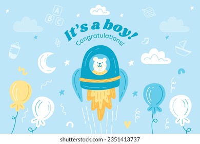 its a boy. It's a boy background. baby boy. gender reveal background. Vector Illustration. Poster, Banner, Greeting Card, Invitation Card. baby announcement concept. Baby is coming. Blue Background.