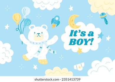 its a boy. It's a boy background. baby boy. gender reveal background. Vector Illustration. Poster, Banner, Greeting Card, Invitation Card. baby announcement concept. Baby is coming. Blue Background.