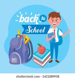 boy with backpack and apple fruit with books