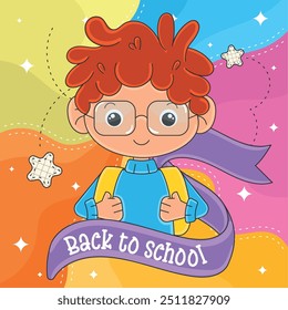 Boy with backpack and back to school banner on colorful background Vector
