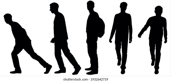 Boy with backpack in back without movement, stands straight, upright. Man runs forward towards the observer. Male silhouette takes a big step forward, falls forward. Side view, profile, full face.