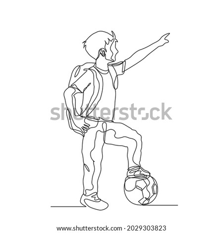 boy with backpack and a ball ponting finger to the sky in one line vector illustration