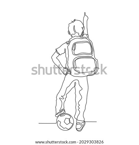 boy with backpack and a ball ponting finger to the sky in one line vector illustration