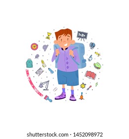 Boy with a backpack behind his back, banner with school icons, flat design.