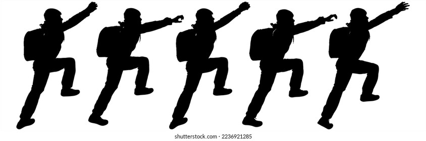 A boy with a backpack behind his back in sportswear. The teenager stretches his hand up and rests his foot in order to rise up. Hiking. Side view, profile. Five black silhouettes isolated on white