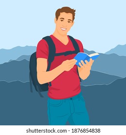 Niño con mochila y libro en mano con fondo montañoso