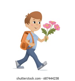 Boy with a backpack and bouquet of flowers going to school. Back to school.