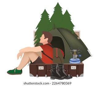 Junge mit Rucksack und Campingkoffer
