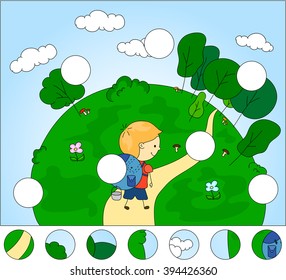 A boy with a backpack camping in the wood. Complete the puzzle and find the missing parts of the picture. Educational game for kids