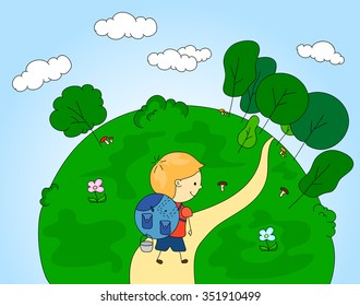A boy with a backpack camping in the wood. Wildlife, trees, shrubs, mushrooms and herbs landscape. Vector illustration