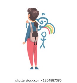 Boy with Backpack Drawing Pictures Scribbles on Wall, Kid Drawing with Colorful Chalk Pencils and Crayons, View from Behind Cartoon Style Vector Illustration