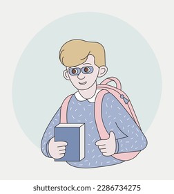 A boy with a backpack and glasses. Character portrait of a young schoolboy, student. Vector color illustration cartoon style.
