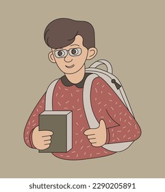 A boy with a backpack and glasses. Character portrait of a young schoolboy, student. Vector color illustration cartoon style.