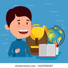 boy with backpack and global map and books with pencils