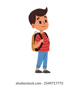 Boy with backpack goes to school. Back to school concept. Hand drawn illustration.