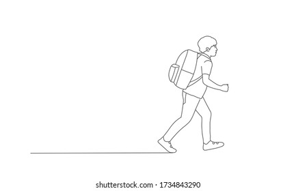 Boy with Backpack Goes to School. Line drawing vector illustration.