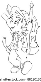 Boy with backpack goes to school. Outline illustration