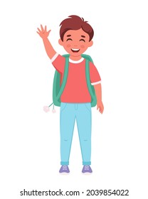 Boy with backpack going to the school. Boy smiling and waving hand. Elementary school student. Vector illustration