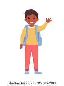 Boy with backpack going to the school. Boy smiling and waving hand. Elementary school student. Vector illustration