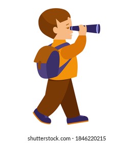 A boy with a backpack for a hike looks through a spyglass. Vector illustration in flat style. Isolated on white.