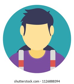 Boy with backpack, hiker flat icon design 