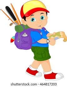
boy with a backpack and holding a map