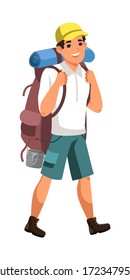 Boy with backpack isolated person. Kid traveler in tourist clothes is engaged in hiking, backpacking trip, school expedition. Sport, lifestyle, hobby concept. Vector character illustration