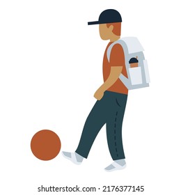 Niño con mochila pateando la ilustración de la bola aislado en fondo blanco. Arte vectorial