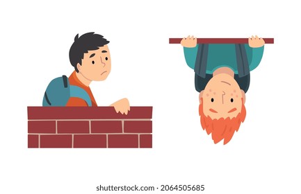 Boy with Backpack Looking Out From Brick Wall and Hanging Upside Down Vector Set