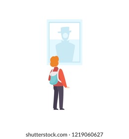 Boy with backpack looking at the painting hanging on the wall, exhibition visitor viewing museum exhibit at excursion, back view vector Illustration on a white background
