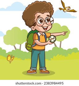 Boy with backpack and map looking at compass. Vector illustration in cartoon style