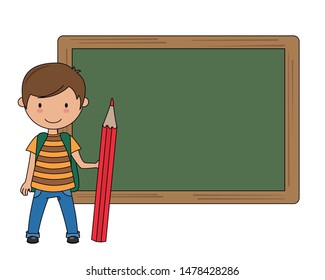 Boy with backpack and a pencil in his hand with a blackboard in the background. space for text