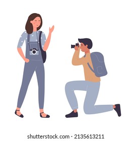 Boy with backpack photographing smiling girl. Professional tourist photoshoot process cartoon vector illustration