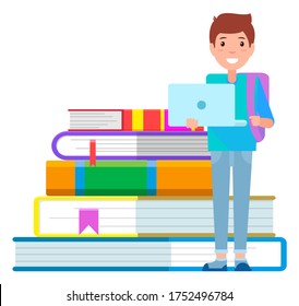 Boy with backpack ready for studying. Young student stand near big hardcover books. Teenager learning educational material using laptop with internet and textbooks from library. Vector illustration