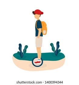 Boy with backpack riding mono wheel keeping hands in pockets. Flat modern trendy style.Vector illustration character icon. Isolated on white background. Eco transportation concept.