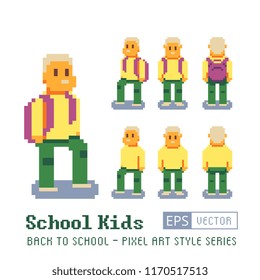 Boy with a backpack. School kids. Happy student, pixel art character. Looping sequence. Isolated vector illustration. Design for app, game developers and motion graphics. View from the front and side.
