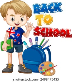 Boy with backpack and school supplies