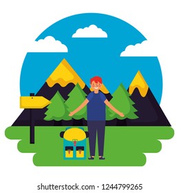 boy and backpack signal mountains landscape camping
