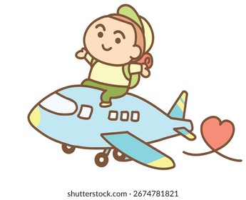 Un niño con una mochila se sienta en el avión con una sonrisa.