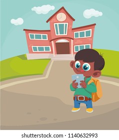 boy with a backpack and a tablet on the background of the school. Vector illustration