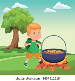 Boy with backpack waiting for soup in bonfire nature outdoors scenery background. vector illustration.