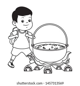 Boy with backpack waiting for soup in bonfire ,vector illustration graphic design.