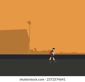 Niño con mochila caminando desde el colegio durante la puesta de sol en la calle de la ciudad. Después de terminar el estudio en la escuela. Al aire libre, casa de campo