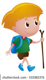 Boy with backpack and walking stick illustration